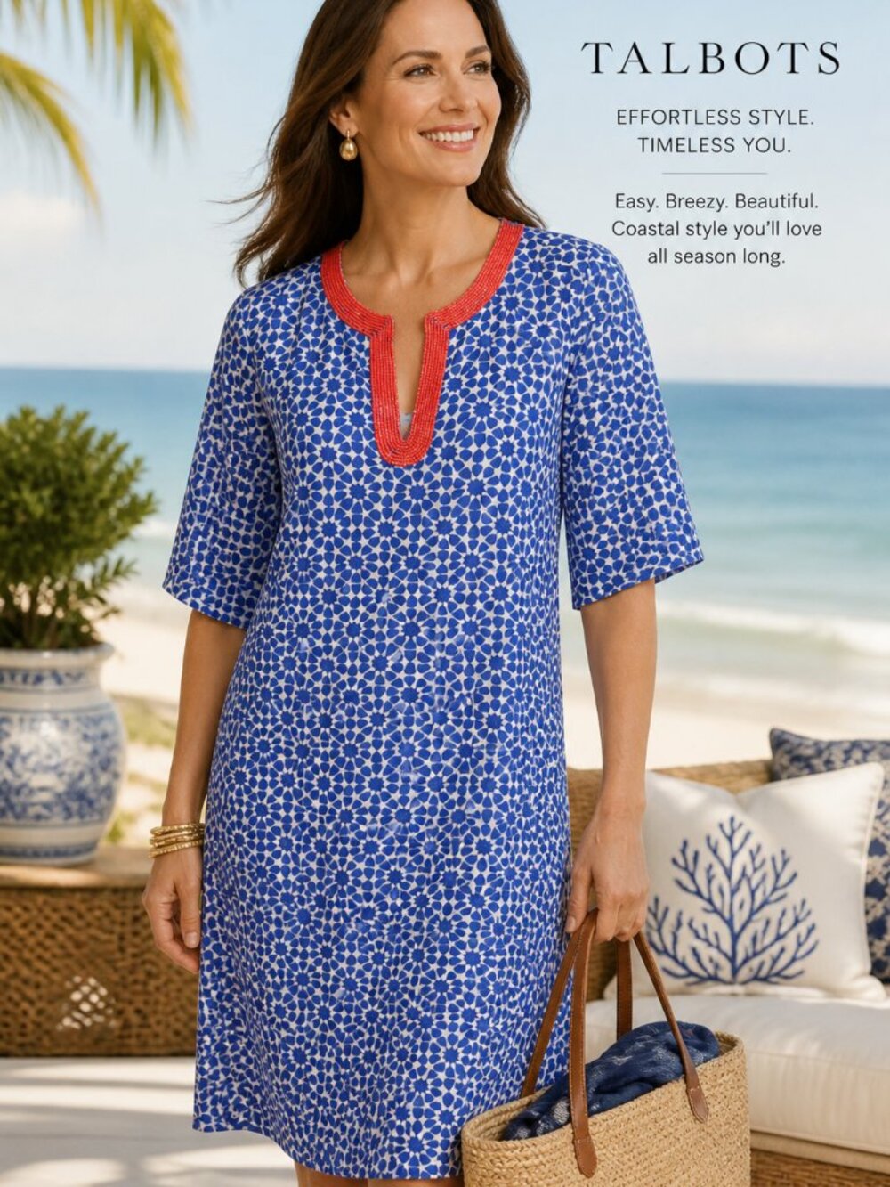 Talbots New Blue White Beaded V-Neck Silk Blend Cover Up half sleeve Dress M
